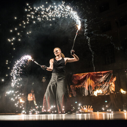 Pyrotechnic boom spinning Poi for pyrotechnics