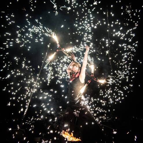 Pyrotechnic boom spinning Dragon Staff for pyrotechnics